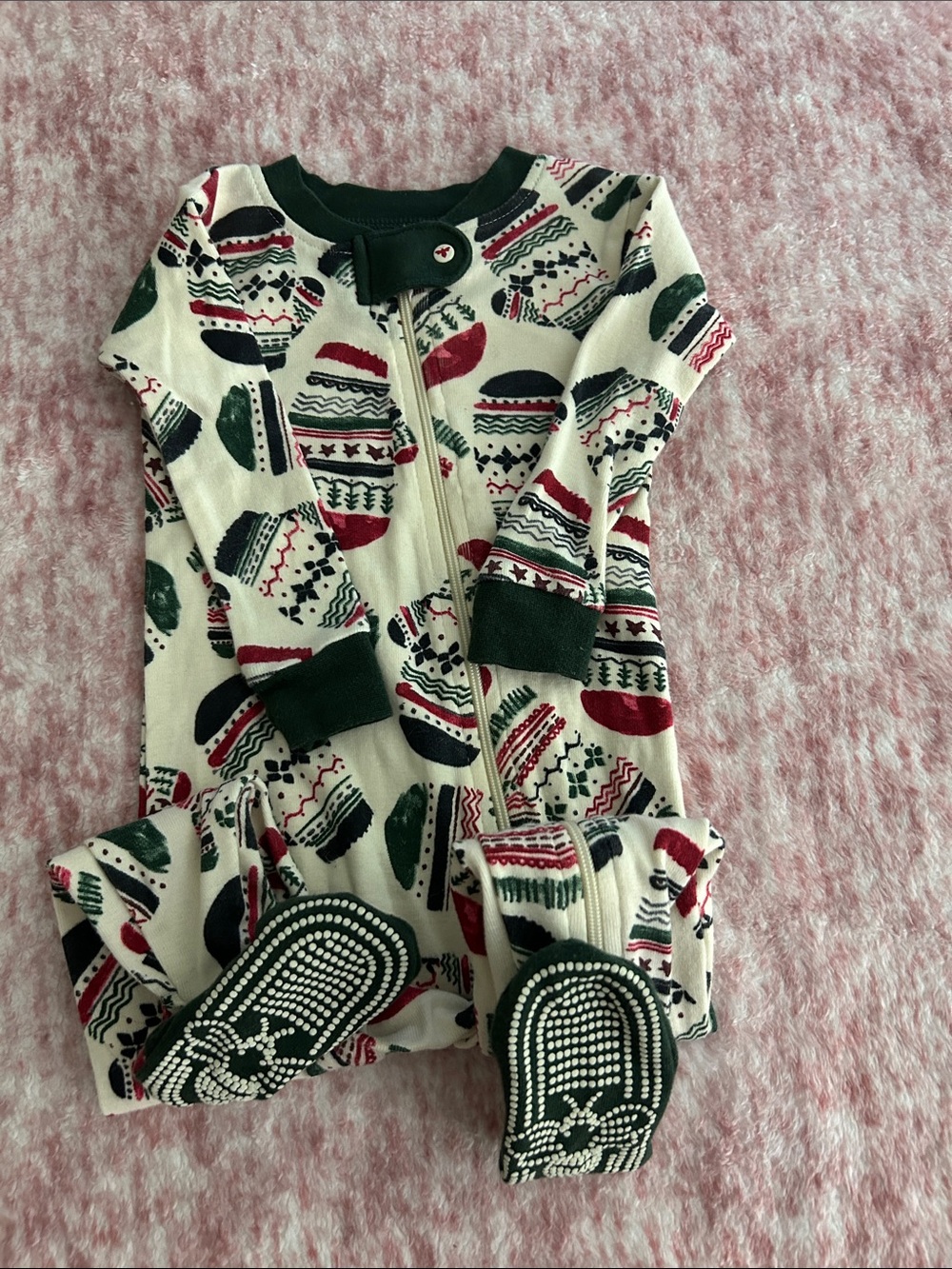 Cream Holiday Print Zipper Footed Sleep Sack Pajamas with Green Trim